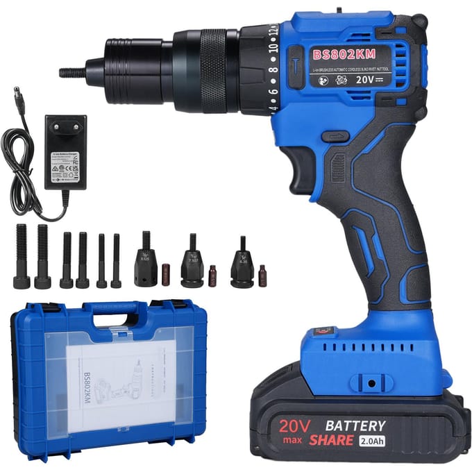 20V Accu Klinkmachine met 2.0Ah Accu, 2-in-1 Elektrische Klinkmoer Kit met Geheugenmodus en blauw
