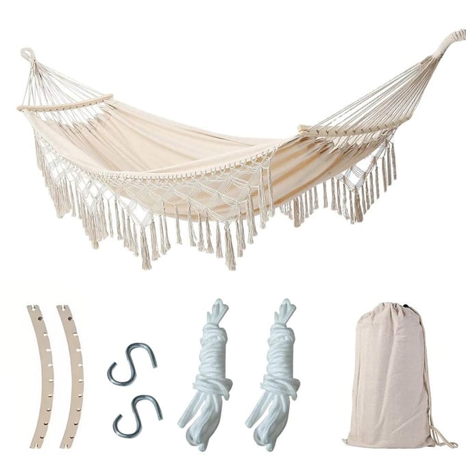 Dubbele Macrame-hangmat Tweepersoonsschommelbed voor strandtuin Slaapkamerterras wit