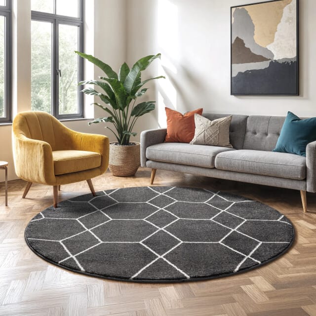 Muratap Trellis uni rond effen laagpolig vloerkleed modern donker 150 cm rond