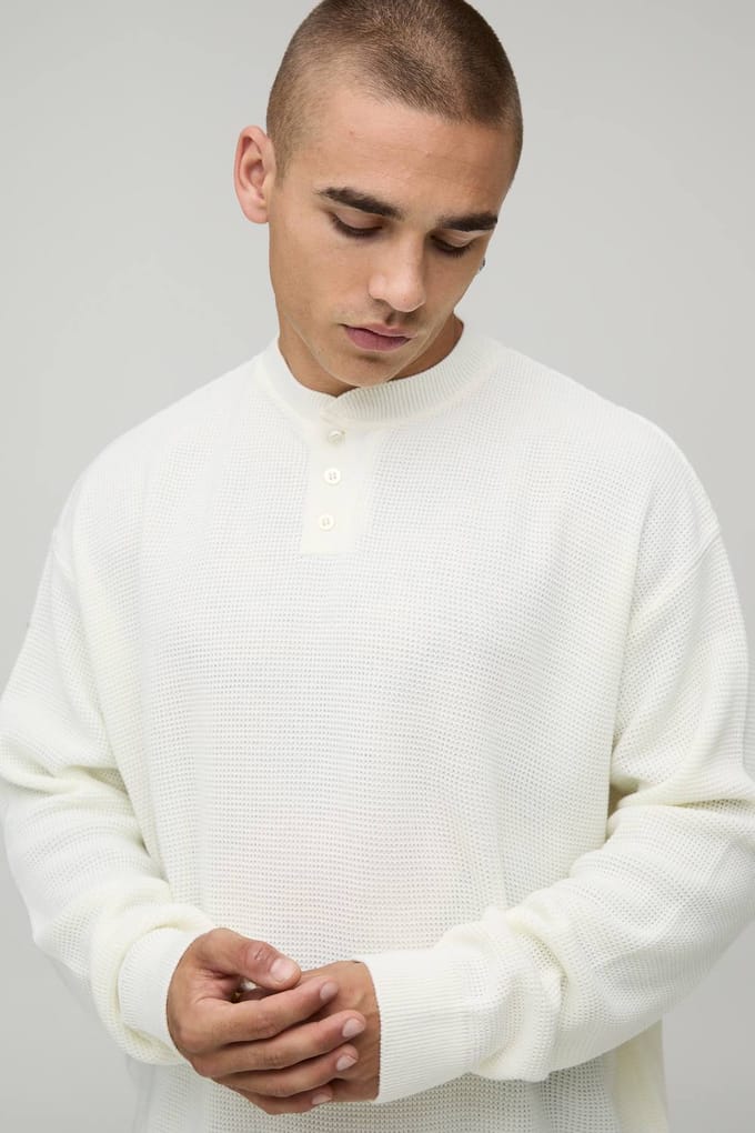 Essential Relaxed Fit Henley Waffle Knitted T-Shirt | Ecru | Size Medium