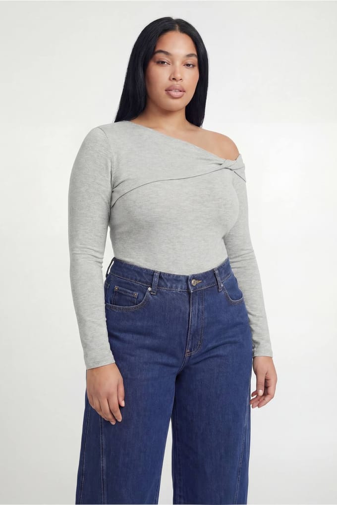 boohoo Dames Plus Geribbelde Bodysuit Met Twist En Asymmetrisch Ontwerp | Grijs | Maat: 48