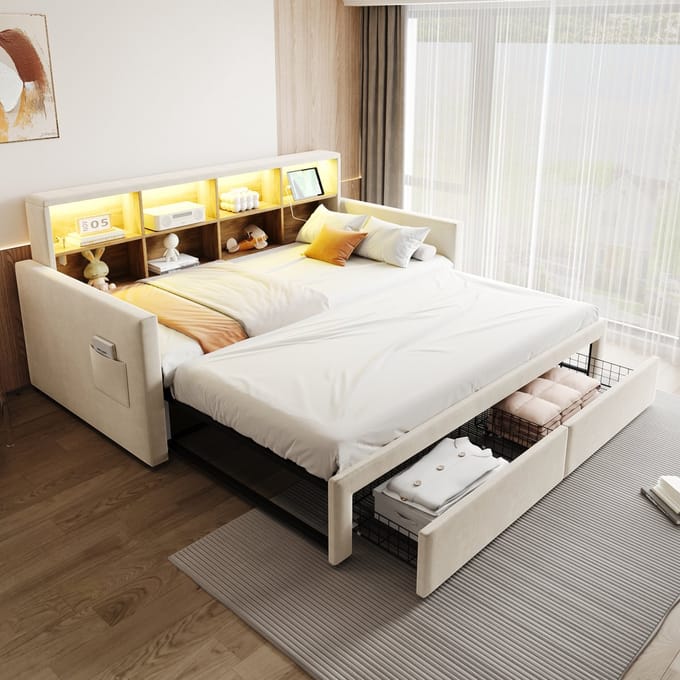 MODFU - Uitschuifbaar bedframe – 90x190 cm naar 180 cm breed – Met LED & USB-C – Beige velvet