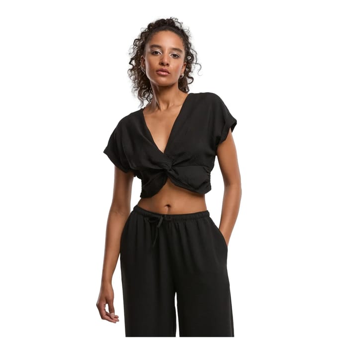 Urban Classics - Knotted VNeck Crop top - L - Zwart
