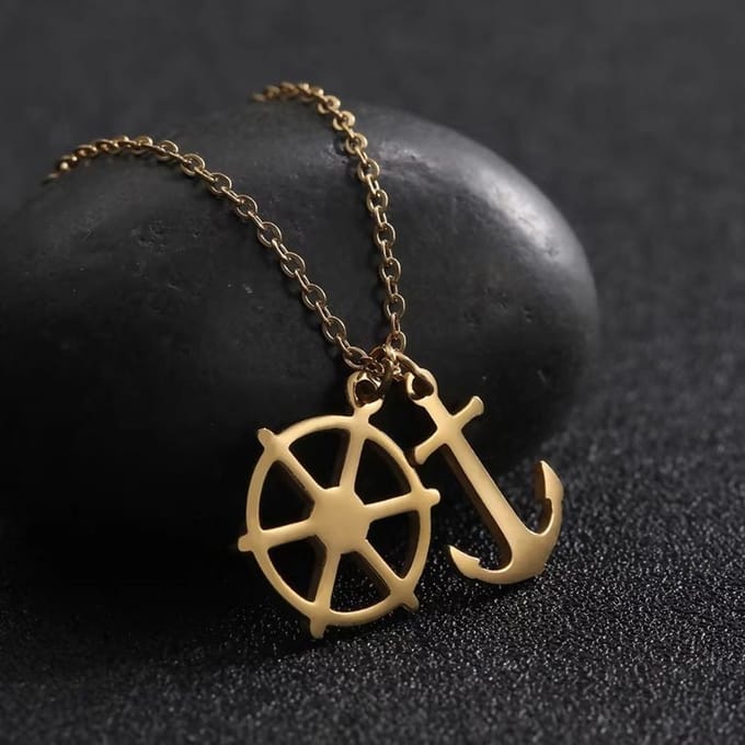 Ketting met hanger roer en anker goudkleur
