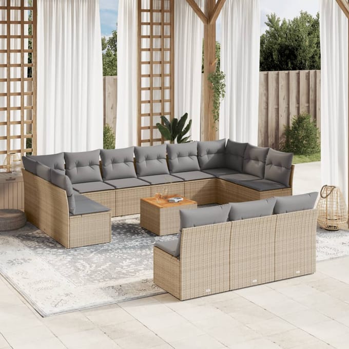 vidaXL - 14-delige - Loungeset - met - kussens - poly - rattan - beige