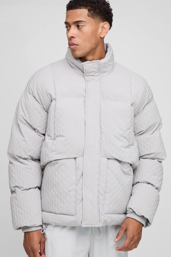 Oversized Fit Getextureerde Trechterkraag Pufferjas | Grey | Size Medium