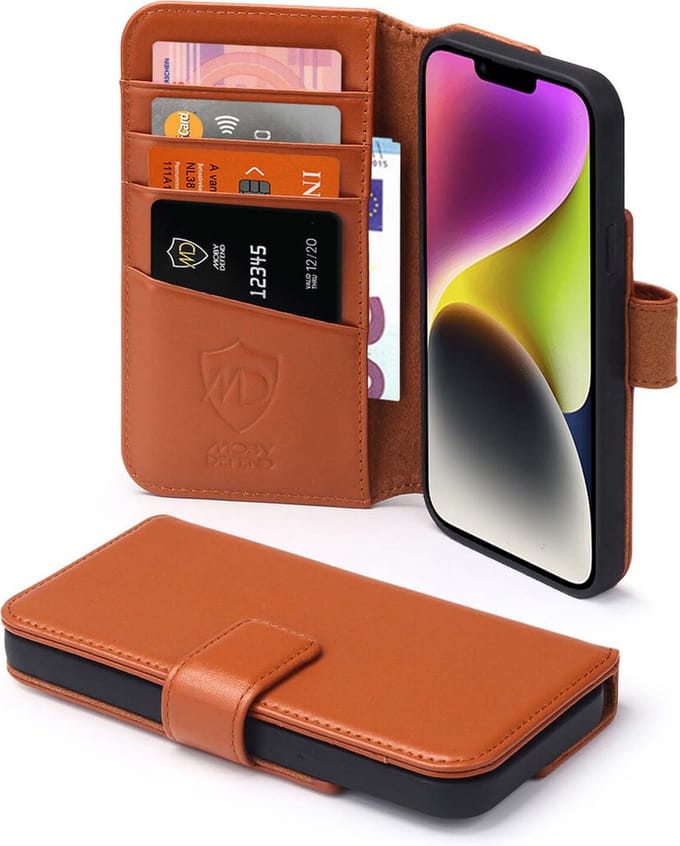 MobyDefend Hoesje - Geschikt voor iPhone 14 Plus - Luxe Leren Wallet Bookcase - Lichtbruin