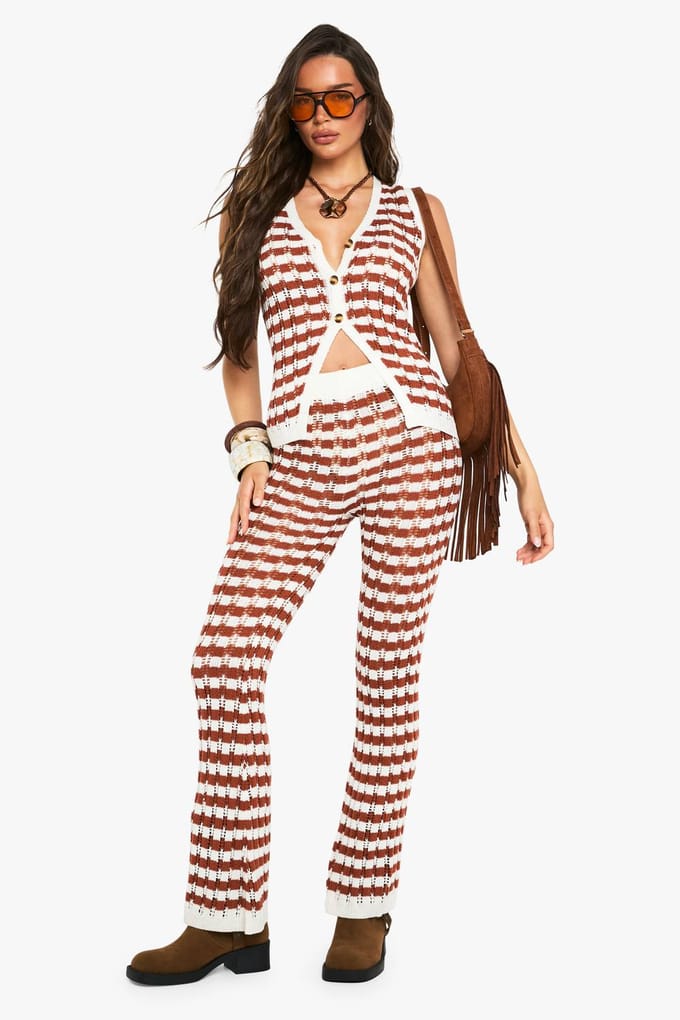 boohoo Dames Strepen Haak Gebreide Vest | Rust | Maat: Medium