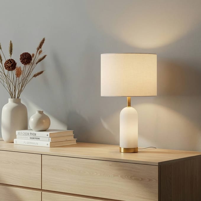 Lindby - Tafellamp - 1licht - Stof, marmer, metaal - H: 50 cm - E27 - wit, grijs, goud