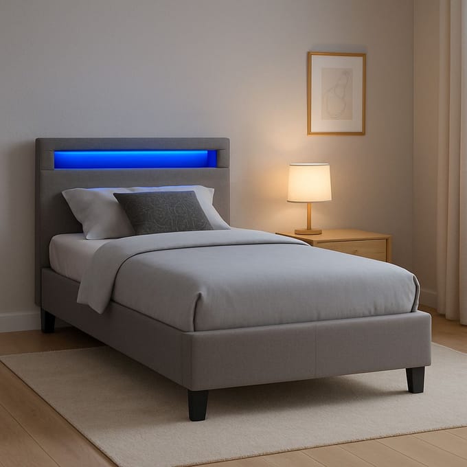 Gestoffeerd bed HIMALAYA 90x200 cm, LED-verlichting, grijze stof