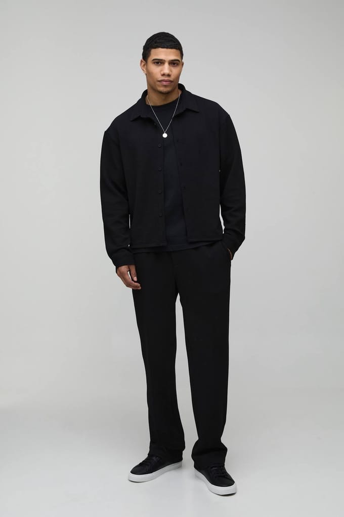 Jersey Visgraat Oversized Boxy Shirt & Relaxed Broek Set | Black | Size XL