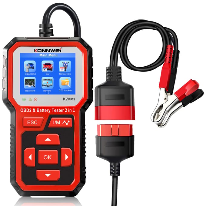 KONNWEI KW681 Auto- en motorfietsaccutester en OBDII-diagnosescanner 2-in-1