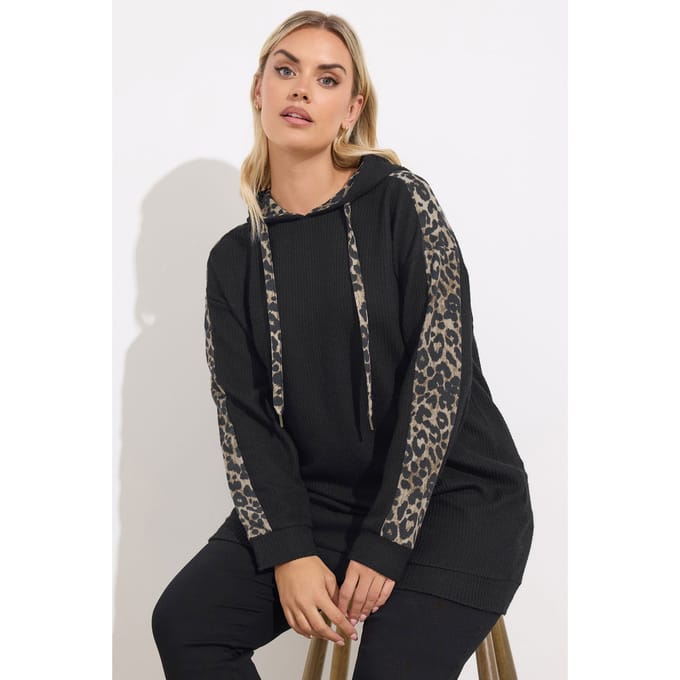 Yours Zwarte Hoodie Met Luipaardprint Size 48