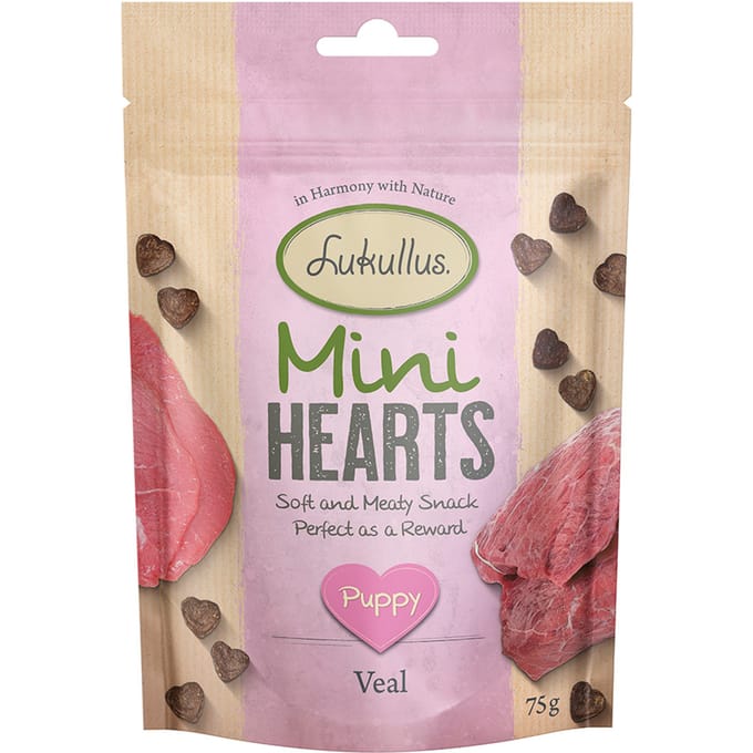 75g Lukullus Puppy Mini Hearts Snacks Kalf (Graanvrij) Hondensnacks
