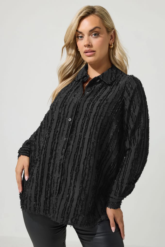 Yours London Zwart Getextureerd Overhemd Met Strepen Size 48