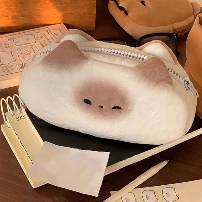 Schattig Frans Geroosterd Pennenzak Pluche Grote Capaciteit Studenten Etui Multifunctioneel Grappig Opbergtas Organizer voor Schrijfwaren wit
