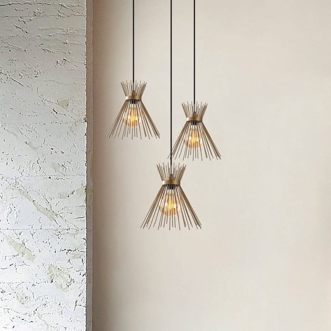 Opviq Kirpi 3086 hanglamp, goudkleurig, metaal, 3-lamps rond