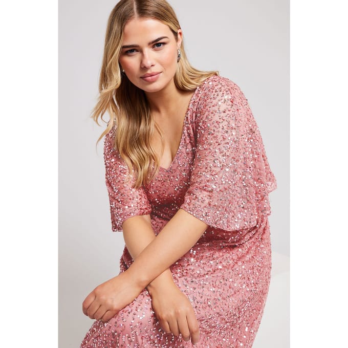Luxe: Ultimate Embellishment Luxe Maxijurk Met Allover Paillettenversiering & Engelmouwen In Rozesize 42