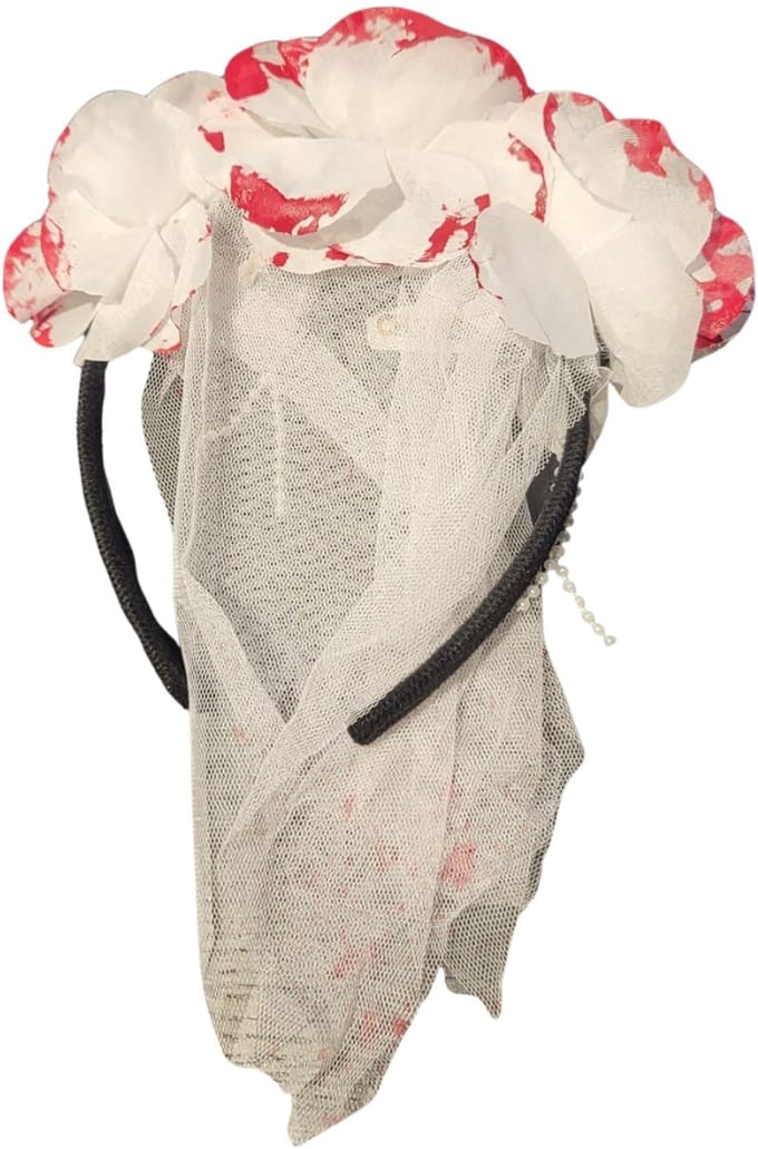Halloween Diadeem Sluier - Witte Rozen met Bloedspetters