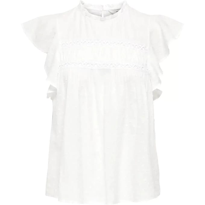 Only witte dames t-shirt   High neck halslijn   Regular fit   Structuur patroon   Knoopsluiting   Duurzaam   Kap mouw Wit S
