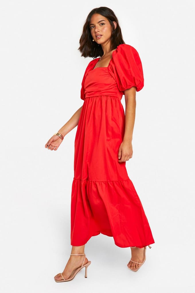 boohoo Dames Volume Puff Sleeve Midaxi Jurk | Rood | Maat: 36