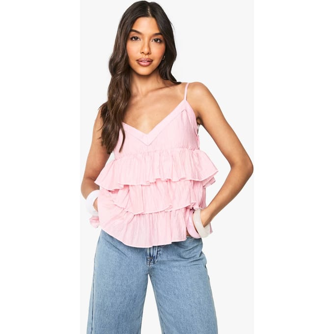 boohoo Dames Gerimpelde, geplooide, gelaagde Cami | Roze | Maat: 38