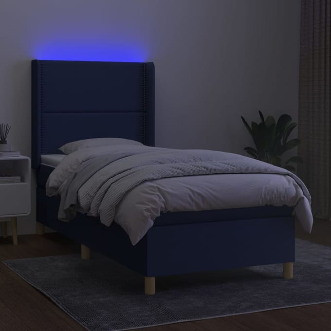 vidaXL - Boxspring - met - matras - en - LED - stof - blauw - 90x200 - cm