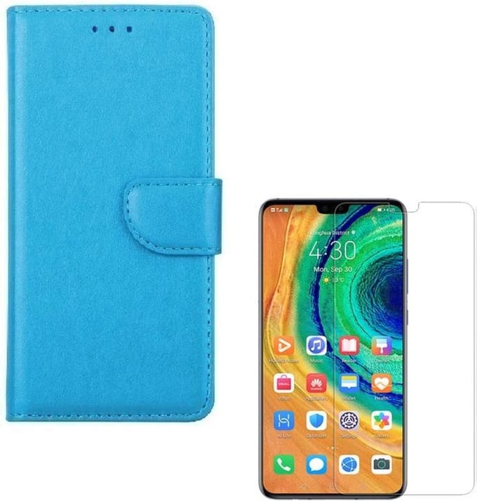 hoesje Geschikt voor: Huawei Mate 30 Pro Portemonnee Turquoise met 2 stuks Glas Screen protector