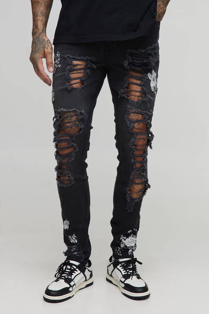 Lange Bloemen Geborduurde Gescheurde Skinny Jeans | Washed Black | Size 36