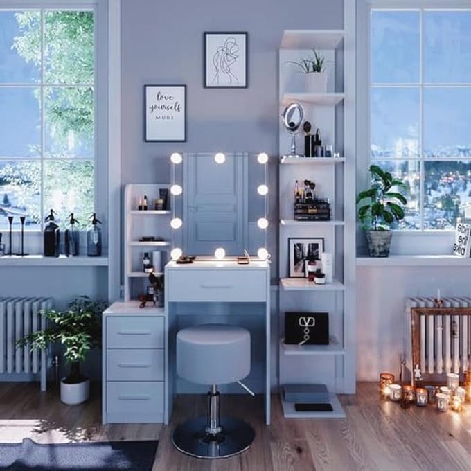 Moderne make-up tafel met LED verlichting en comfortabele kruk - 80 cm