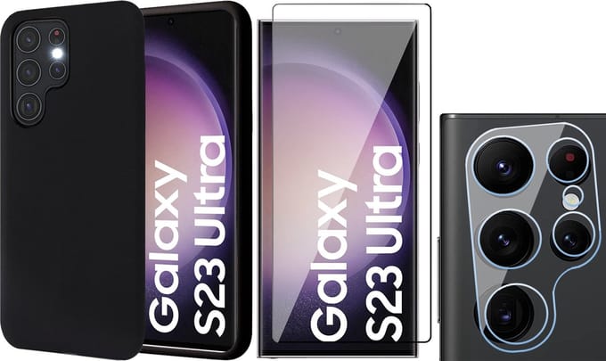 Hoesje geschikt voor Samsung Galaxy S23 Ultra - Screenprotector FullGuard & Camera Lens Screen Protector - Back Cover Case SoftTouch Zwart
