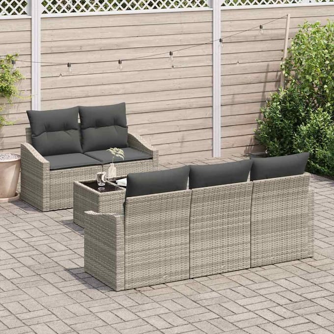 vidaXL Bankstel met kussen met kussen 6 pcs Lichtgrijs poly rattan