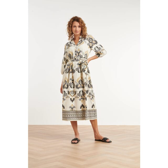 Smashed Lemon Crème midi jurk met ornament print en tailleceintuur |