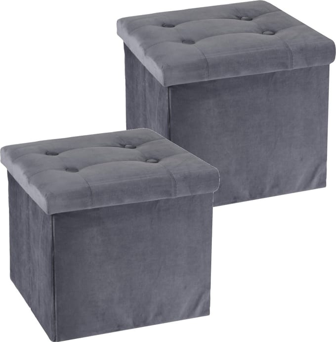 H&S Collection Poef/hocker/krukje - 2x - opbergbox - donkergrijs - fluweel polyester - 38 x 38 cm