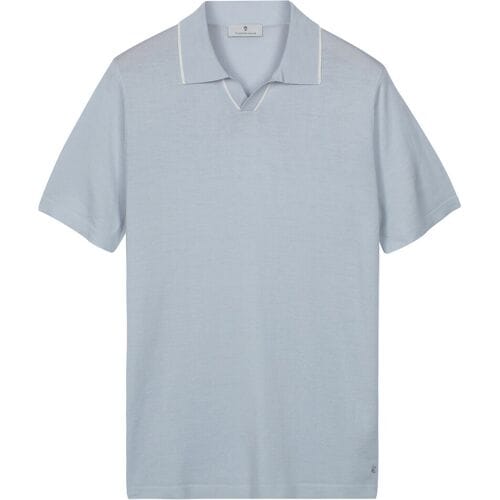 Thomas Maine Polo Pullover Fine Merino Full Needle Rib Placket Contrast Ice Blue / male