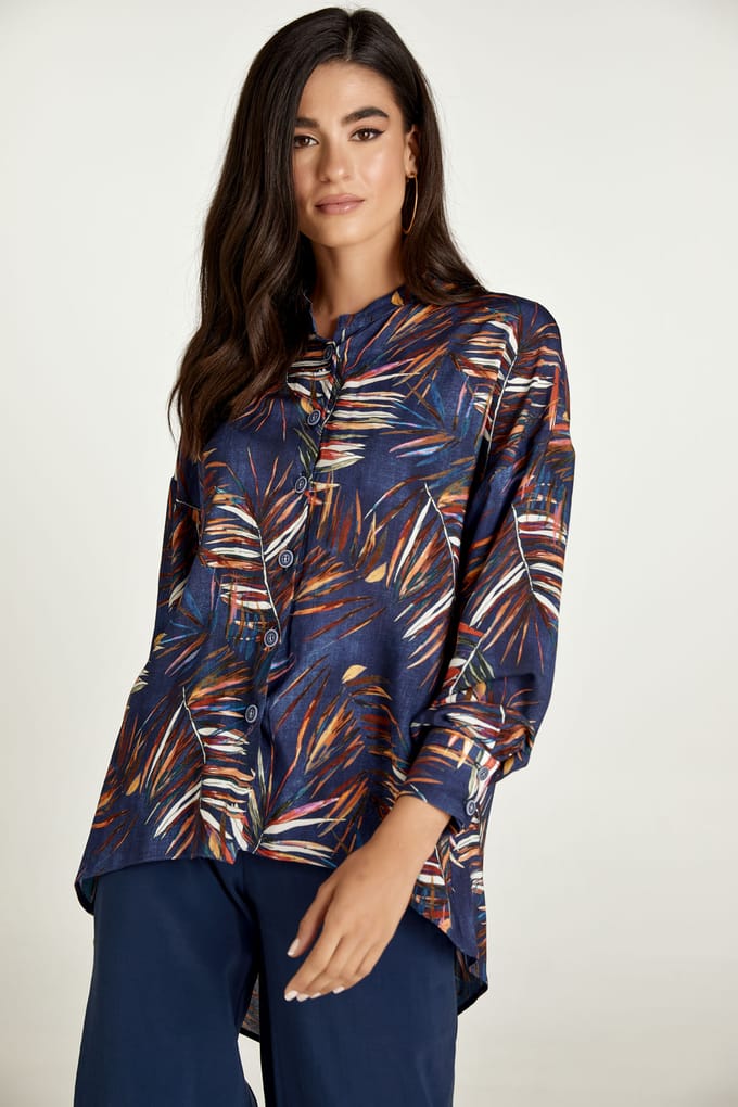 Blouse met bladprint en mandarijnkraag