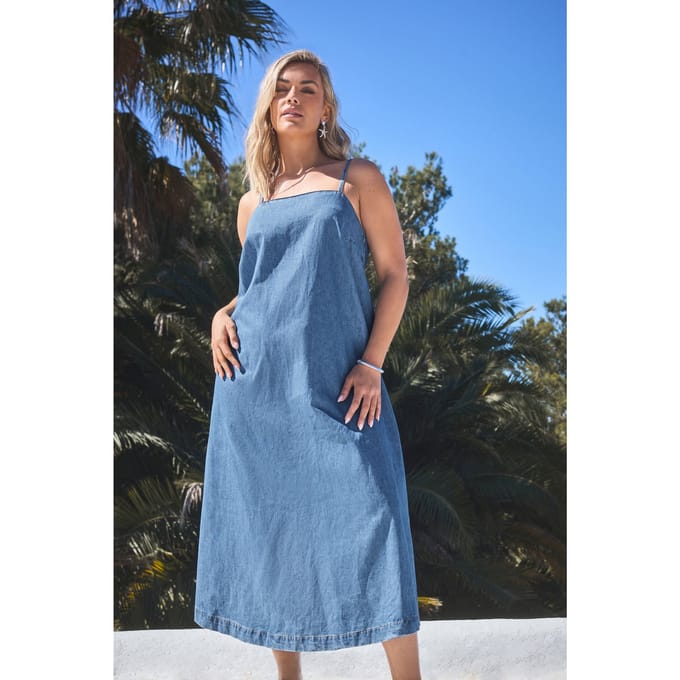 Yours Maxi Denim Jurk Met Camibandjes In Blauw Size 50