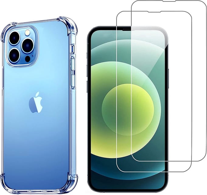 Hoesje voor iPhone 13 Pro Max backcover Shockproof siliconen Transparant en 2 stuks Screenprotector Gehard Glas