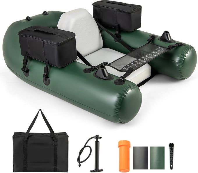 COSTWAY Opblaasbare vissersboot, rubberboot, visboot met rugleuning, pomp en riem, belyboat 100 kg belastbaar, peddelboot 157 x 114 x 35 cm