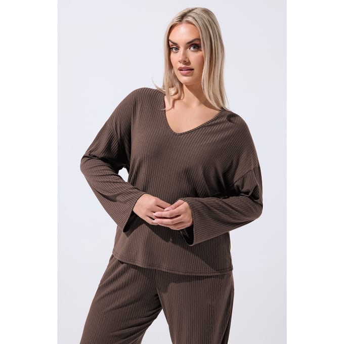 Limited Collection Bruine Geribbelde Top Met Vhals Size 48