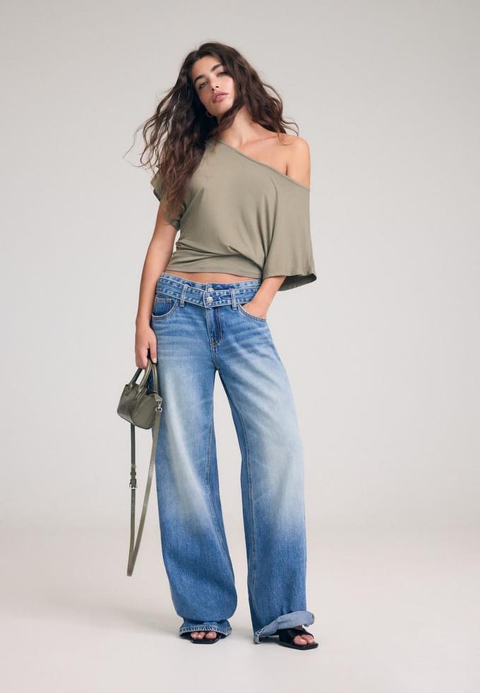 Stradivarius Wide-leg jeans met dubbele taille  MIDDENBLAUWE DENIM WASSING 44