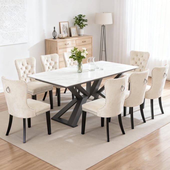 Puluomis Eetkamerstoel - Set Van 8 - Fluweelstof - Massief houten poten - Beige