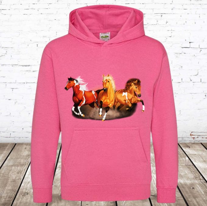 Kinder hoodie met 3 paarden roze - Roze - 122/128