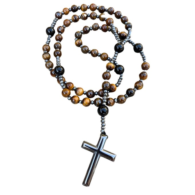 Ketting-Bruin-Rozenkrans-Kruis-Tijgeroog - Charme Bijoux