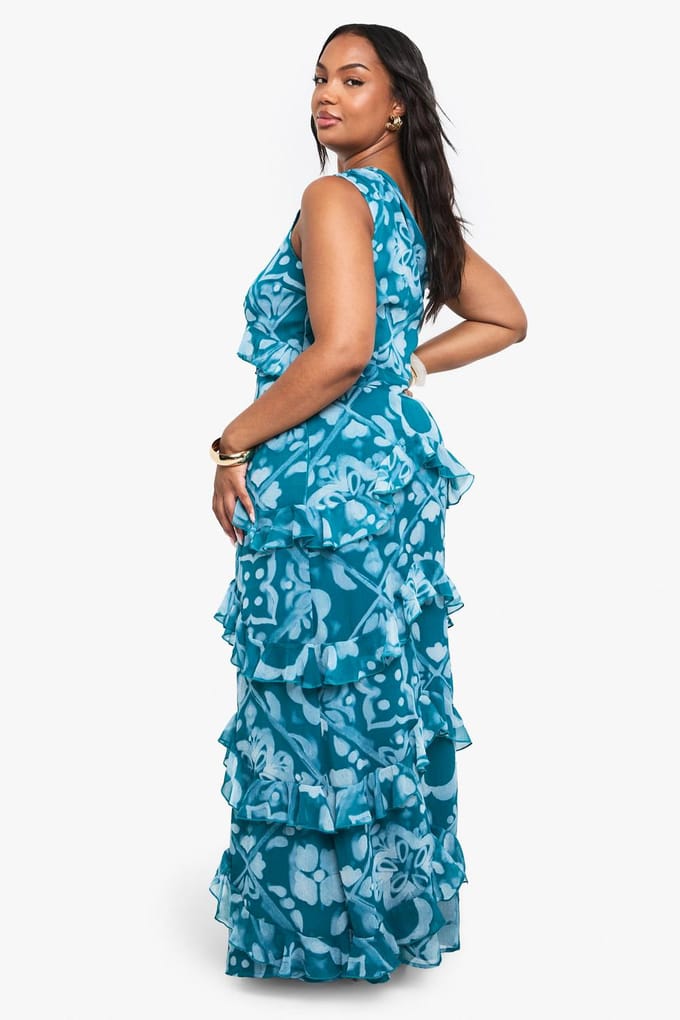 boohoo Dames Plus Tile Print Chiffon Asymmetrische Maxi-jurk | Blauw | Maat: 46
