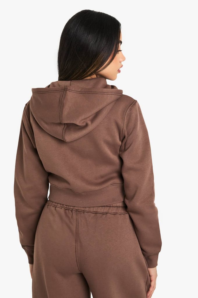 boohoo Dames Contrast Stitch Shrunken Zip Through Hoodie | Mocha | Maat: Small