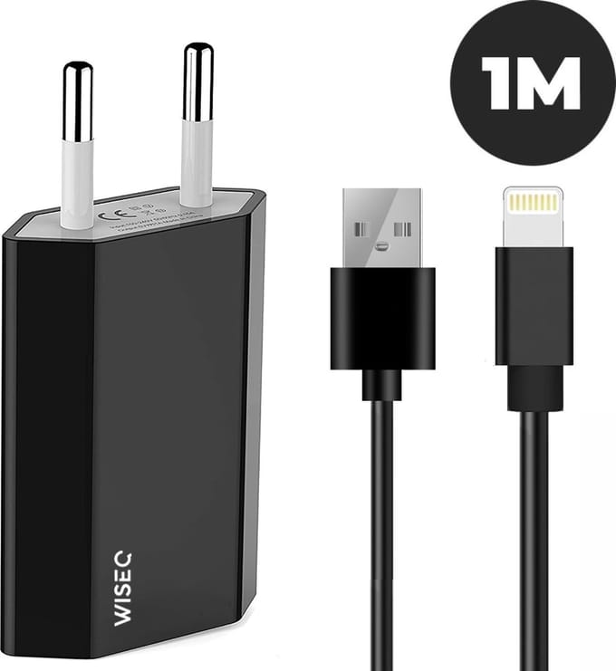 Oplader met USB-A aansluiting - inclusief USB naar Lightning kabel 1 m - geschikt voor iPhone 14 / 13 / 12 / 11 - zwart - WiseQ