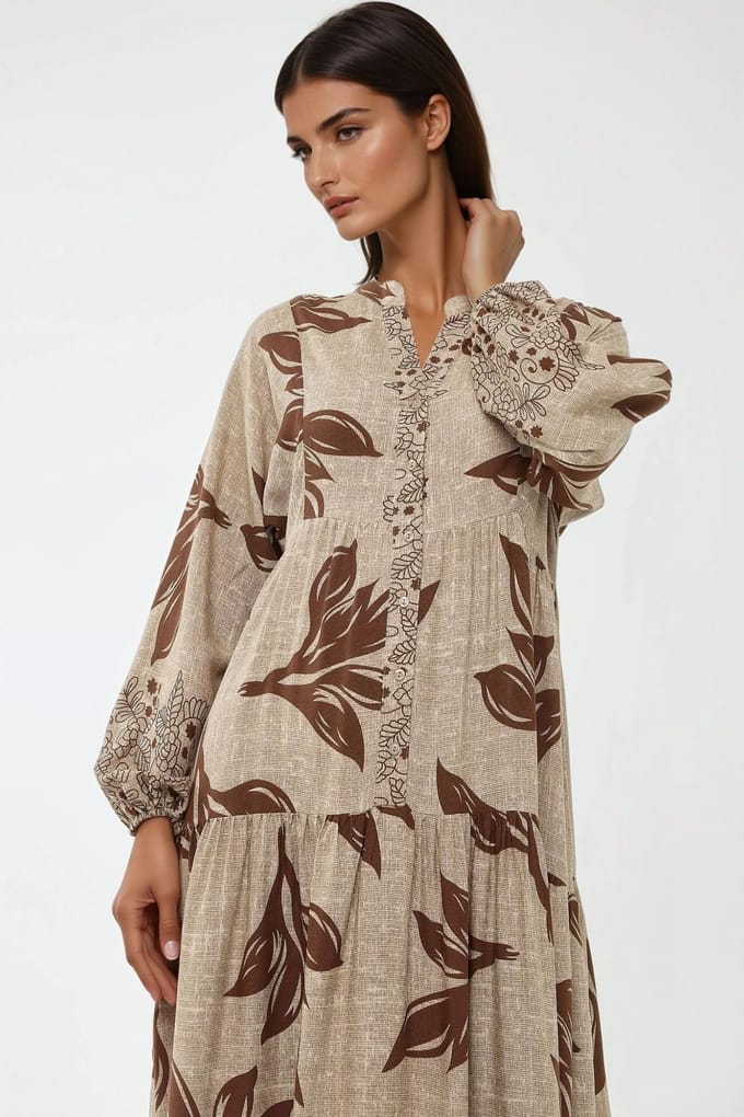 Gedrukte Lange Mouwen Viscose Maxi Jurk