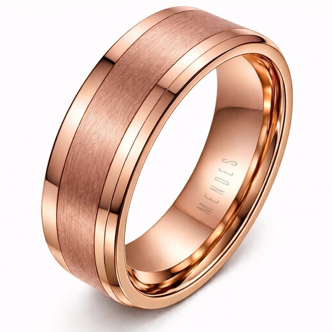 Wolfraam heren ring Rosegoud geborstelde streep 8mm-20mm