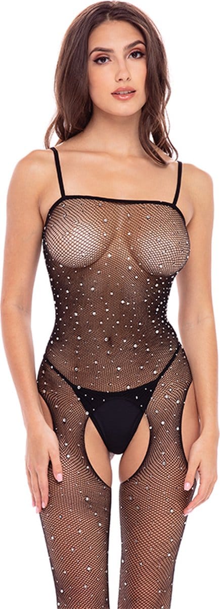 Rene Rofe Lingerie Bodystocking SPARKLE CROTCHLESS, ONE SIZE Zwart